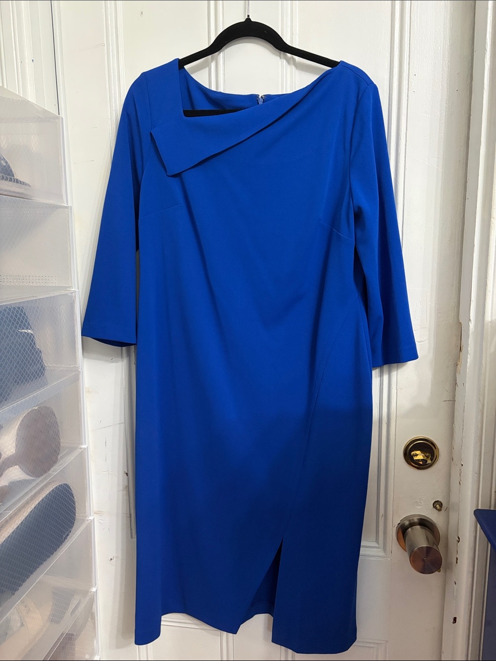 Calvin Klein Cobalt Blue Midi Sheath Dress with Asymmetric Neckline